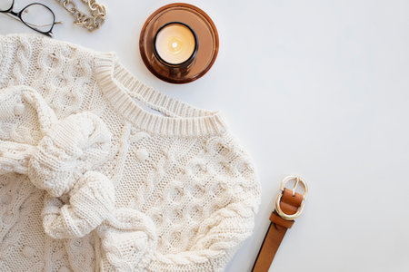 Feminine fashion flat lay with knitted sweaterの写真素材