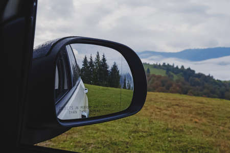 Reflection of pines in car side mirror close-up.の写真素材