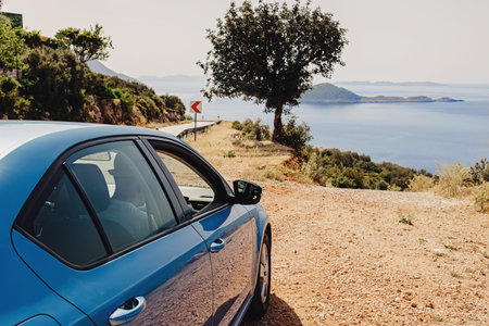Blue car stopped roadside near the sea on sunny day