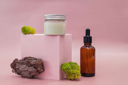 Natural organic cosmetic composition on pink background.の写真素材
