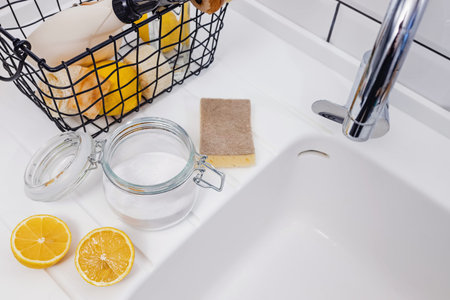 Baking soda and lemons near the sink. Eco natural items for kitchen cleaning. Sustainable living,...