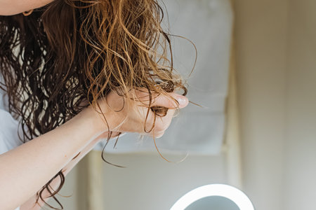 Woman scrunching her hair to form curls. Applying curly method for hair styling. Close-up on the handsの写真素材