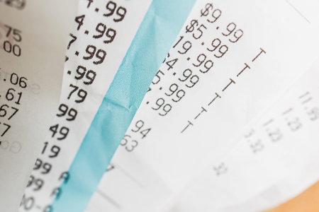 Close-up of receipts from different stores. Accounting, taxes, cost of livingの写真素材