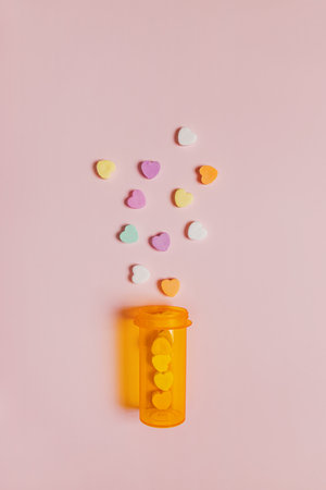 Colorful heart shaped sugar candies scattered from orange plastic bottle on pink backgroundの写真素材