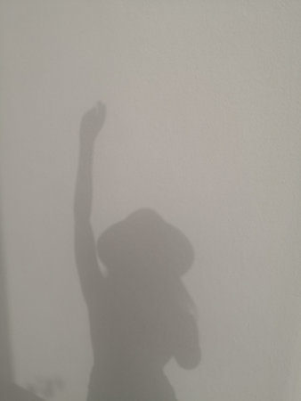 Shadow silhouette of woman in a hat with raised hand on a white wallの写真素材