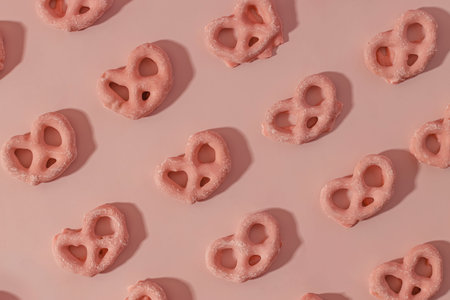 Strawberry Sweet Mini pretzels covered with pink glaze, treats backgroundの写真素材