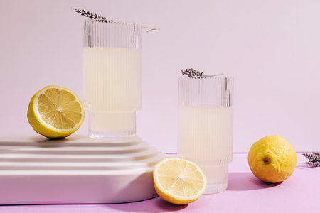 Lavender lemonade in ribbed glasses and lemons on purple background, direct sunlight effectの写真素材