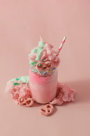 Milkshake in a glass jar covered with a cotton candy and pretzel, pink background, pastel colorsの写真素材