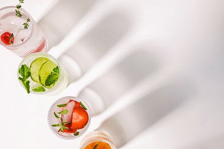 Infused waters with different flavors, summer refreshing drinks in a ribbed glasses, top viewの写真素材