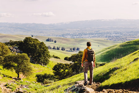 Man with a backpack hiking among green hills in the springの写真素材