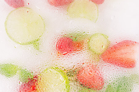 Frosted Glass with water drops with fruits behind it. Close-up of cold refreshing cocktailの写真素材