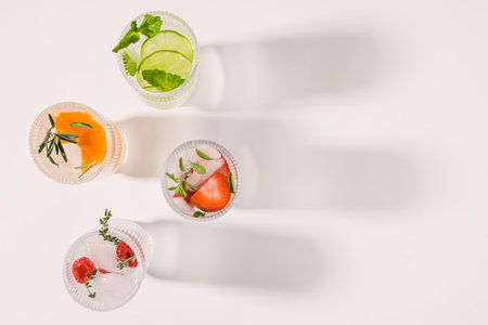 Infused waters with different flavors, summer refreshing drinks in a ribbed glasses, top viewの写真素材