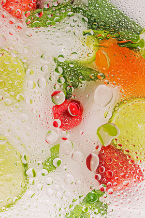Glass with water drops with fruits behind it. Abstract summer background. Close-up of refreshing cocktailの写真素材