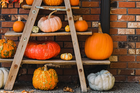 Pumpkins of different shapes and sizes, seasonal decorの写真素材