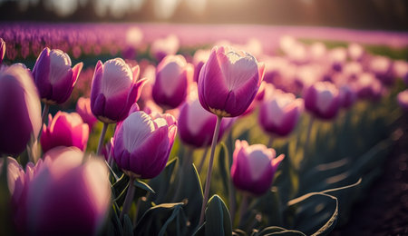 Beautiful pink tulips in a spring meadow close-up, ai generatedの素材