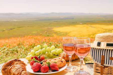 Rose wine, croissants and strawberry on the small table, Picnic on beautiful spring meadow full of wildflowers.の写真素材