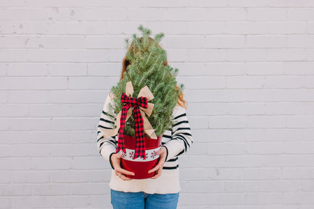 Unrecognizable woman holding small decorative Christmas tree in a red pot in front of herの写真素材