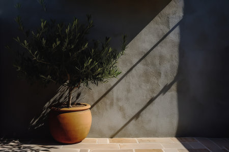 Olive tree in a stone pot over the wall with natural sunlight and harsh shadows, generative aiの素材