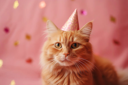 Portrait of cute ginger cat wearing a birthday hat isolated on pink background, copy space, ai generatedの素材