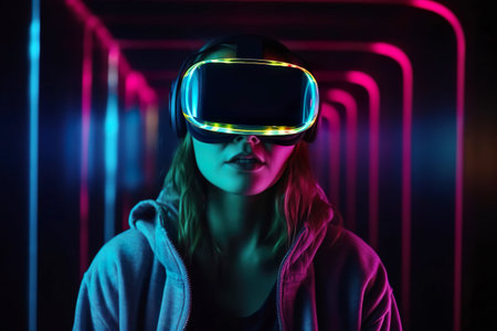 Unrecognizable woman wearing virtual reality glasses, futuristic technology concept, neon colors, ai generatedの素材