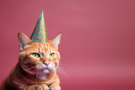 Ginger cat wearing a birthday hat isolated on pink background, copy space, ai generatedの素材