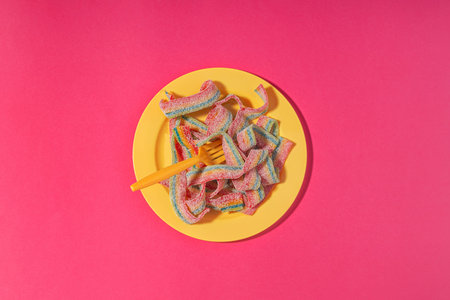 Rainbow sour belts in a yellow plate, on bright pink background, top view. Food concept, excessive...