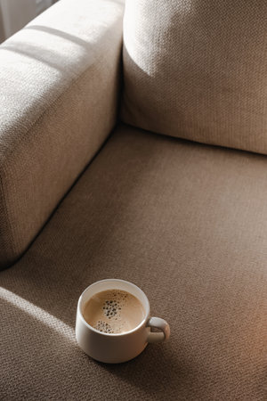 Cup of fresh espresso on a beige sofa surface, morning coffee in natural lightの写真素材