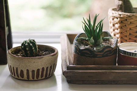 Close-up of cactus and succulents in small pots on the windowsill