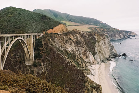 Cloudy day in Big Sur, California. View of the famous Bixby bridge