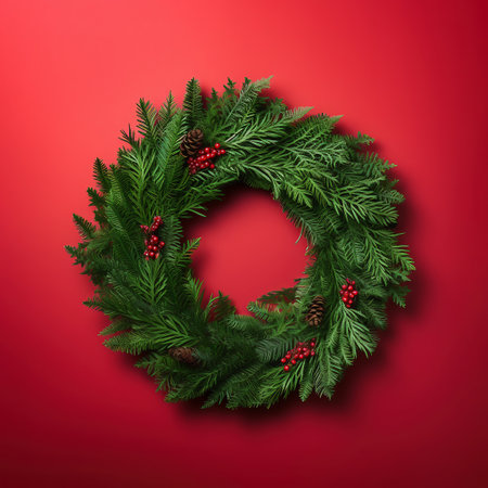 Minimalist decorated Christmas wreath made with evergreen branches isolated on red background, ai generatedの素材