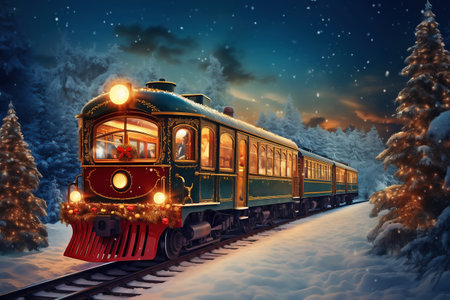 Retro steam train decorated with Christmas lights riding throught snowy forest, winter wonderland, ai generatedの素材