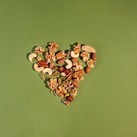 Mixed nuts arranged into a heart shape on green background, diet for heart health conceptの写真素材