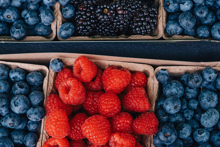 Top view of organic berries on the farmers market