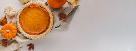 Banner with homemade pumpkin pie, pumpkins and dry leaves, Thanksgiving background with place for textの写真素材