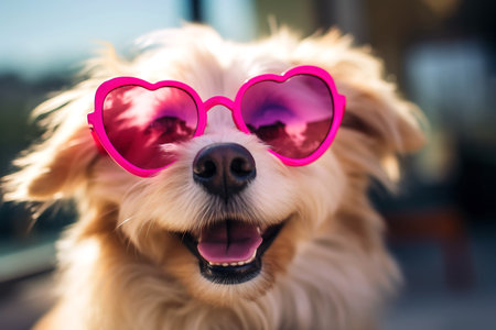 Cute funny dog wearing pink heart shaped sunglasses, Valentine's day concept, ai generatedの素材