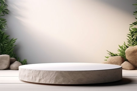 Stone circle podium display for product presentation, minimalist composition with green leaves on the background, ai generatedの素材