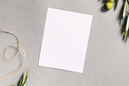 Card or invitation mock-up, blank paper and olive branches, top view