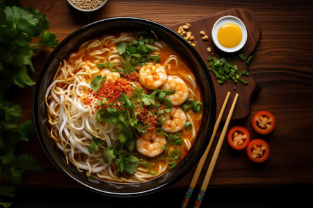 Spicy noodle soup with shrimps, view from the top, ai generatedの素材