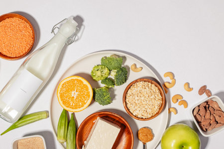 Healthy plant based food, foods for lowering cholesterol, portfolio diet products, top viewの写真素材