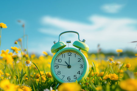 Retro alarm clock among yellow flowers, spring saving time concept, generative aiの素材