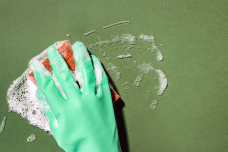 Hand in green rubber glove scrubbing with a sponge and foam, close-up shotの写真素材