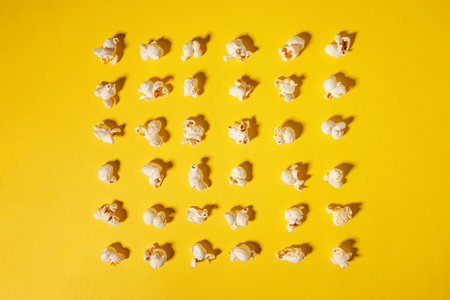 Popcorn isolated on bright yellow background, movie nightの写真素材