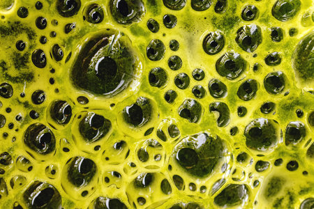 Macro view of leafy greens smoothie surface, blended green drink close-upの写真素材