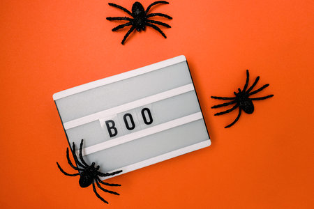 Minimal Halloween decor, lightbox with word Boo and spidersの写真素材