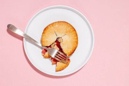 A partially eaten fruit pie on a white plate with a fork on topの写真素材