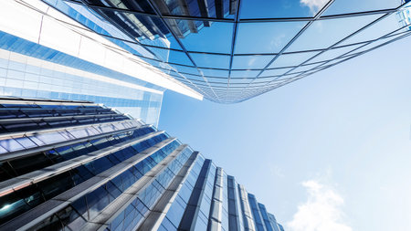 View of modern skyscrapers in a bustling urban environment over the blue skyの写真素材