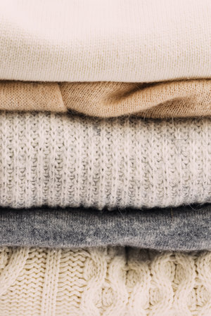 A neatly stacked pile of cozy knit sweaters in neutral tonesの写真素材