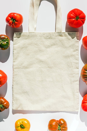 Canvas tote bag surrounded by ripe tomatoes on a white background.の写真素材