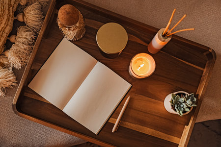Cozy Workspace with open notebook for journaling on a wooden tray surrounded by scented candles, and a small plant.の写真素材
