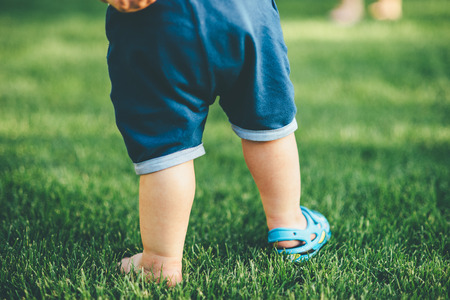 small kid is walking on the grass close upの写真素材
